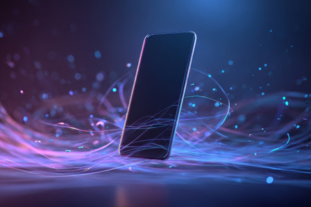 Modern smartphone floating above glowing neon light trails and abstract particles on dark background. Concept of technology, communication and digital innovationの素材