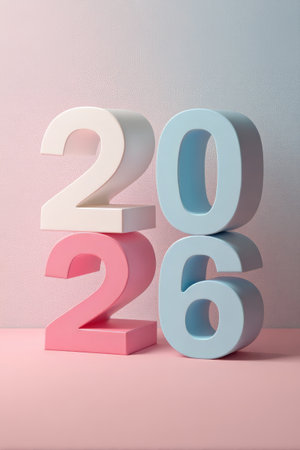 Number 2026 made of large digits in pastel colors on soft gradient background, minimalistic composition. Concept of New Year celebrationの素材