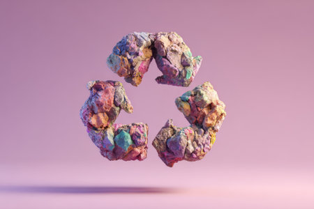 Abstract recycle symbol made of colorful particles on soft gradient background. Concept of ecology, recycling and environmental protectionの素材