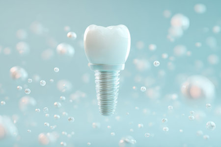 Model of dental implant with titanium screw and ceramic crown on blue background. Concept of tooth replacement, oral health and dental technologyの素材