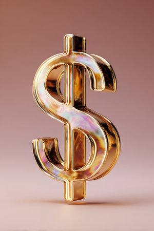 Golden dollar symbol with reflections on pastel background. Concept of finance, wealth and investmentsの素材