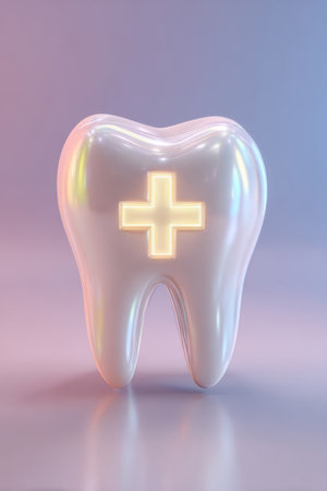 White tooth with glowing medical cross symbol on gradient background. Concept of dentistry, health care, oral hygiene and dental treatmentの素材
