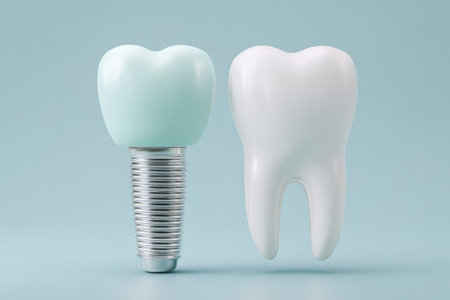 Dental implant model with metal screw and artificial crown next to natural white tooth on blue background. Concept of stomatology, oral health, prosthetics and dental careの素材
