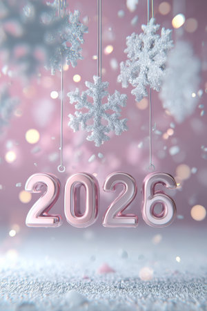 Number 2026 made of pink digits, surrounded by floating snowflakes and snow on winter background. Festive decoration for New Year celebration. Christmas season and winter holidays conceptの素材