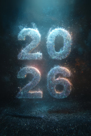Glowing blue 2026 digits made of light particles on dark background. Concept of new year, technology and futuristic Christmas designの素材