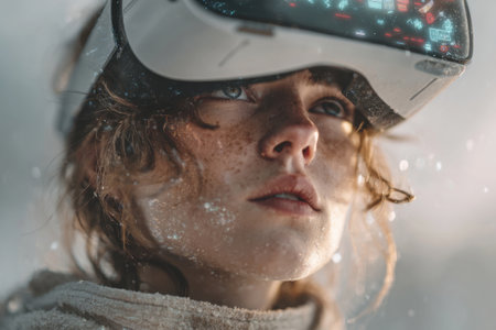 Close-up of young woman wearing virtual reality headset with digital interface reflections. Concept of future technology, innovation and technologyの素材
