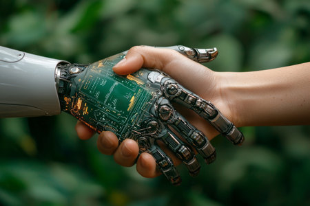 Close-up of human hand shaking robotic hand with glowing circuits on blurred green background. Friendship and partnership of mankind and machinesの素材