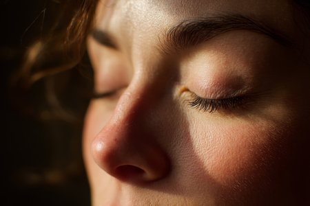 Close-up of woman face with closed eyes illuminated by warm sunlight. Concept of natural beauty, relaxation and skincareの素材