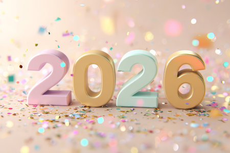Large number 2026 on pastel background with colorful confetti and sparkles. Creative minimalist composition for New Year celebratingの素材