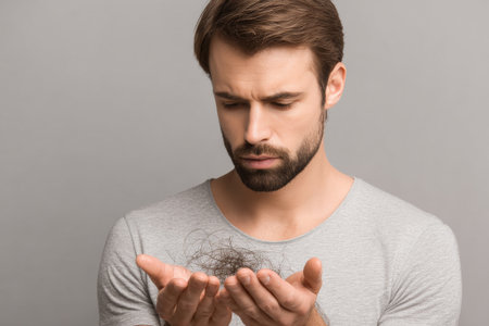 Worried man looking at bunch of fallen hair in his hand against neutral background. Concept of hair loss, baldness, stress and health problemsの素材
