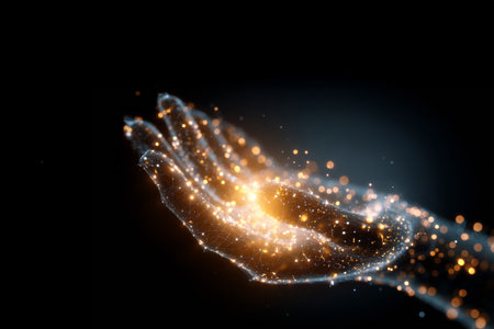 Futuristic digital hand made of glowing network points and lines on black background. Concept of artificial intelligence, data technology and virtual interactionの素材