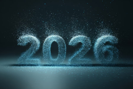 Glowing purple 2026 digits made of light particles on dark background. Concept of new year, technology and futuristic Christmas designの素材
