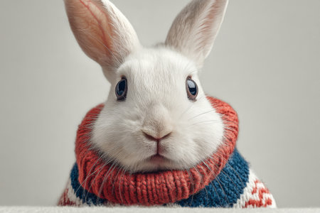 Close-up portrait of white rabbit wearing red knitted sweater against beige background. Concept of winter holidays, Christmas and cute animalsの素材