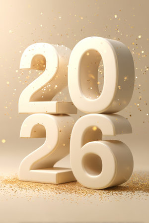 Number 2026 made of white digits with golden confetti on neutral background, minimalistic design. Decorations for New Year celebrationの素材