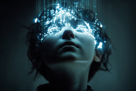 Close-up of a human face illuminated by glowing neural data streams flowing over the head and eyesの素材