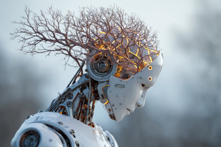 Side view of futuristic humanoid robot with neural structures in shape of tree growing from its head. Concept of artificial intelligence, machine learning and digital evolutionの素材
