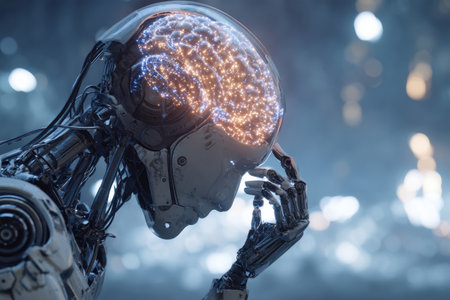 Thinking advanced humanoid robot with a glowing neural brain. Concept of artificial intelligence, machine learning and cognitive technologyの素材