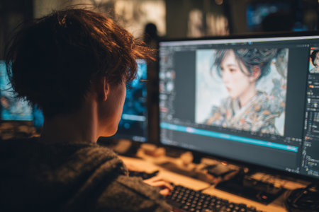 Digital artist creating 3D character model on a computer screen in a game development studio. Concept of digital art and character design process.の素材