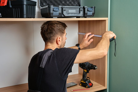 Man measuring wooden cabinet, using measuring tape and pencil to mark panel during home furniture assemblyの写真素材