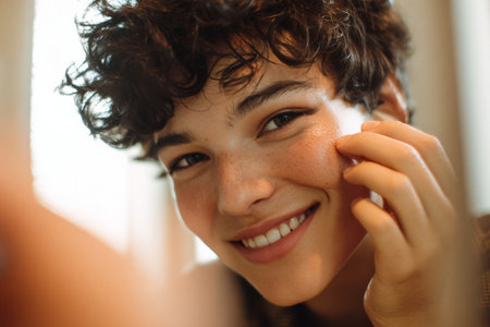 Close-up portrait of smiling person touching face with natural skin in soft light. Concept of skincare, beauty and positive emotionsの素材