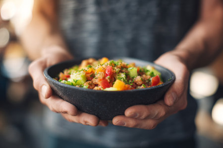 Close-up of man holding a bowl of fresh vegan salad with lettuce, tomatoes, and vegetables. Concept of healthy eating, plant nutrition and balanced lifestyleの素材