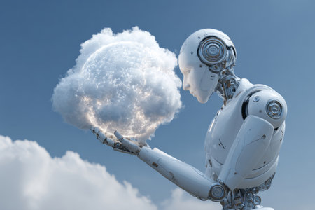 Futuristic humanoid robot touching digital cloud. Cloud computing and data storage conceptの素材
