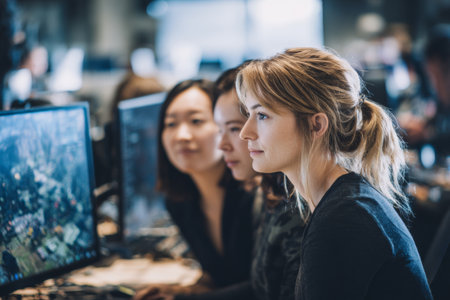 Team of young women collaborating on game development project, working with 3D graphics and maps on computer screens. Concept of teamwork, technology and creativityの素材