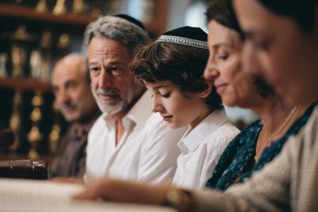 Family members wearing kippahs gathered together during bar mitzvah ceremony. Group of people reading from religious books in synagogue. Concept of faith and Jewish family traditionの素材