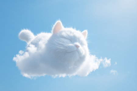 Cloud in the shape of a cat floating in clear blue sky. Concept of surreal nature, imagination and fantasyの素材