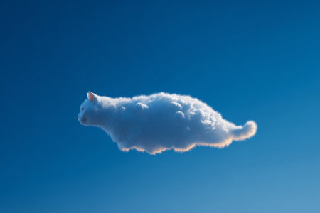 Cloud in the shape of a cat floating in clear blue sky. Concept of surreal nature, imagination and fantasyの素材