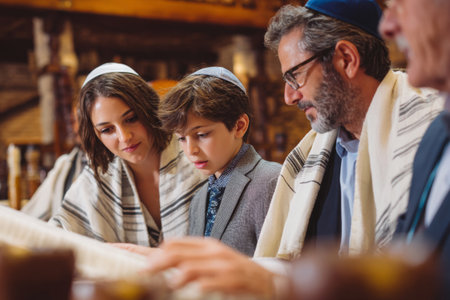 Family members wearing kippahs gathered together during bar mitzvah ceremony. Group of people reading from religious books in synagogue. Concept of faith and Jewish family traditionの素材