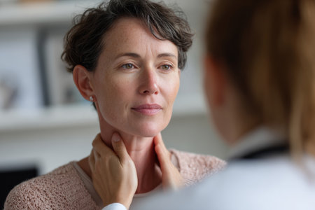 Close-up of doctor examining woman neck during medical consultation in clinic. Female patient at doctor's appointment during medical check-up. Concept of health careの素材