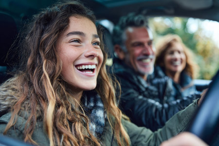 Happy teenager sitting in driver seat of car with parents in background. Girl driving her first car during road trip with family. Concept of learning to drive, first driving experience and road tripの素材