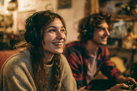 Smiling young woman in headphones playing video game with friend at home. Concept of gaming, communication, friendship and modern lifestyleの素材