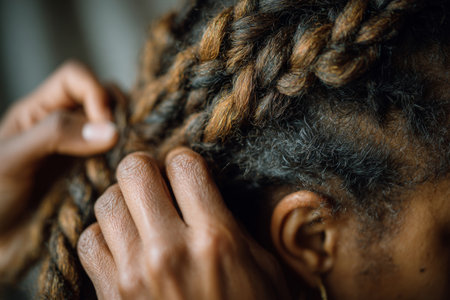 Girl braids strands of curly hair into pigtails. Close-up of hands braiding natural hair. Concept of hair care, beauty routine and personal groomingの素材