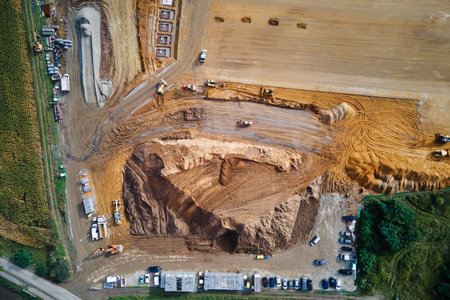 Aerial view of construction site with excavators, trucks. Soil works before building logistic...