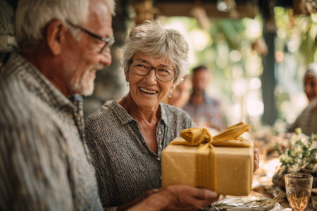 Smiling elderly couple exchanging a wrapped gift at festive family gathering. Happy senior man and woman holding presents at home. Concept of family, love, and celebration.の素材