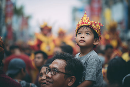 Young boy in traditional festive attire sitting on father shoulders during cultural parade on streetの素材