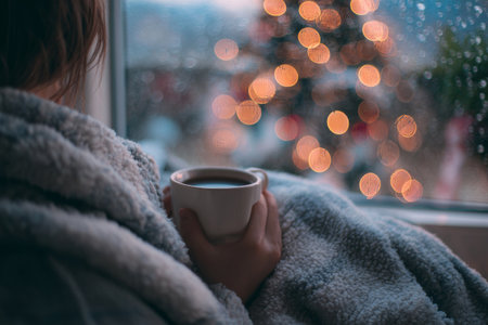 Person wrapped in blanket holding coffee cup by window with raindrops and blurred glowing lights outside. Concept of cozy winter and relaxation at homeの素材