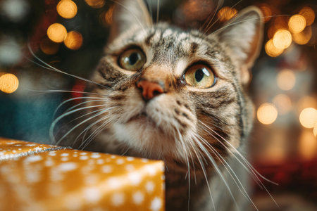 Close-up of tabby cat with green eyes near wrapped gift box with glowing Christmas lights in background. Concept of holidays, pets and cozy lifestyleの素材
