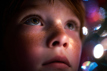Close-up portrait of child with wide eyes illuminated by holiday lights with reflections on his faceの素材