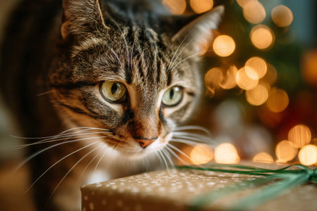 Close-up of tabby cat with green eyes near wrapped gift box with glowing Christmas lights in background. Concept of holidays, pets and cozy lifestyleの素材