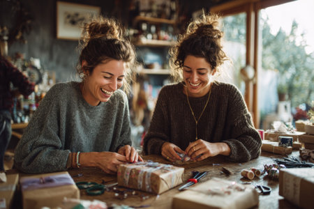 Two young smiling women sitting at wooden table and wrapping gifts at home. Concept of friendship, holiday and celebratingの素材