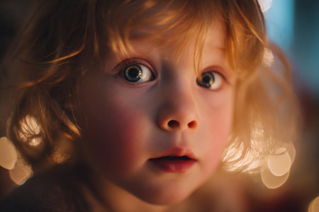 Close-up portrait of child with wide eyes illuminated by holiday lights with reflections on his face. Curly girl looking at cameraの素材