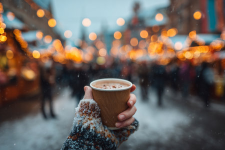 Close-up of hands holding paper cup with hot drink on snowy street with blurred festive lights at outdoor Christmas marketの素材