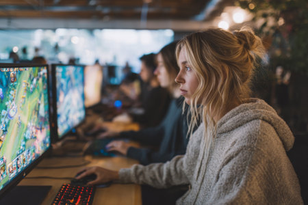 Team of young women collaborating on game development project, working with 3D graphics and maps on computer screens. Concept of teamwork, technology and creativityの素材
