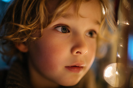 Close-up portrait of child with wide eyes illuminated by holiday lights with reflections on his faceの素材