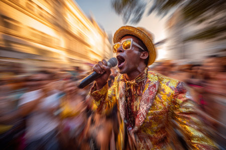 Colorful street musician singing into microphone during outdoor event. Man in vibrant suit and hat surrounded by crowd with motion blur effect. Concept of music, performance and urban festivalの素材