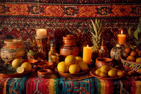 Traditional Mexican holiday altar with ceramic vessels, citrus fruits and lit candles on colorful woven textilesの素材