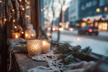 Burning candles and pine branches on snowy windowsill with blurred city street lights in background. Concept of winter decoration and cozy holiday atmosphereの素材